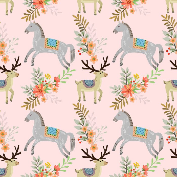 Papier peint à motif  Chevaux pour une fille et fleurs pastel