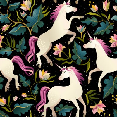Papier peint à motif  Chevaux roses licornes fleurs et feuilles