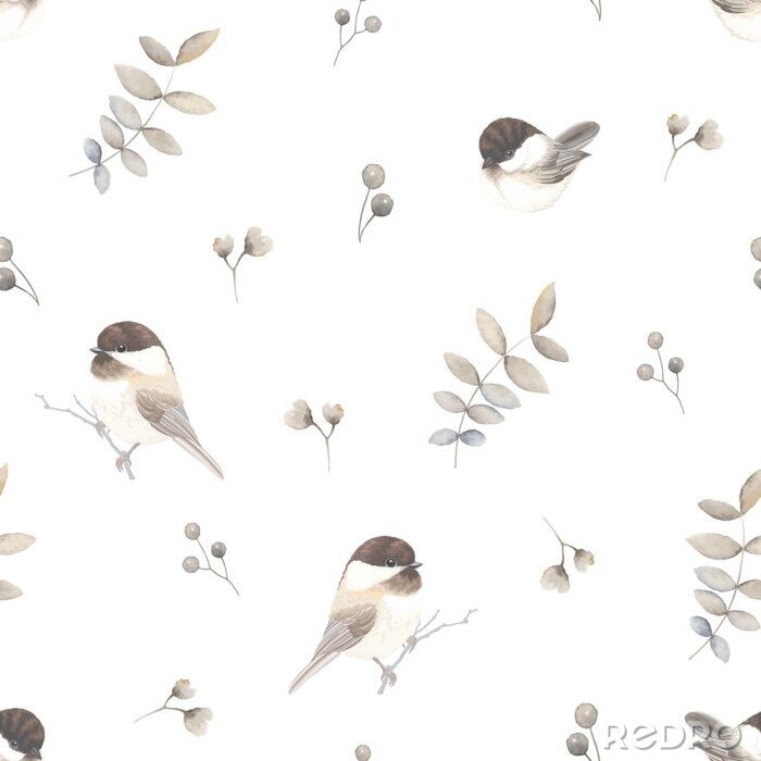 Papier peint à motif  Chickadee birds, leaves and berries on seamless pattern, vector light illustration on white background for textile, wrapping paper and print in vintage watercolor style.