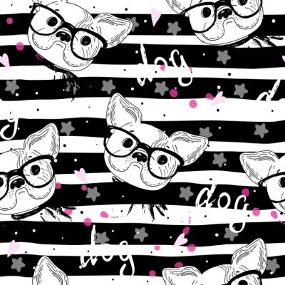 Papier peint à motif  Chiens à lunettes sur un fond rayé