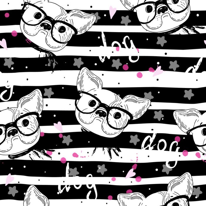 Papier peint à motif  Chiens à lunettes sur un fond rayé
