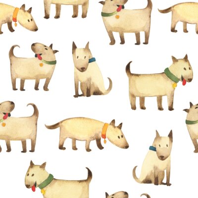 Papier peint à motif  Chiens aquarellés avec des colliers colorés