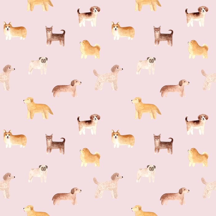 Papier peint à motif  Chiens aquarellés sur fond rose