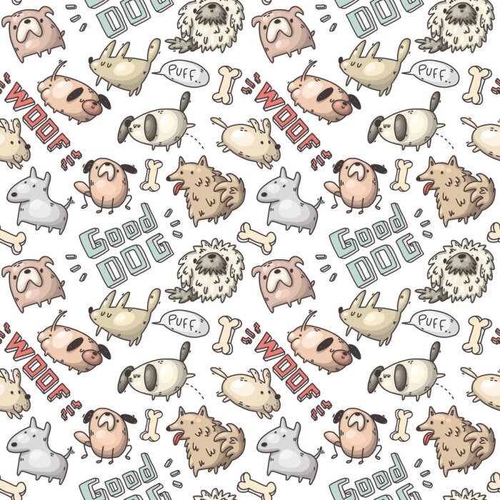 Papier peint à motif  Chiens de dessins animés avec des inscriptions