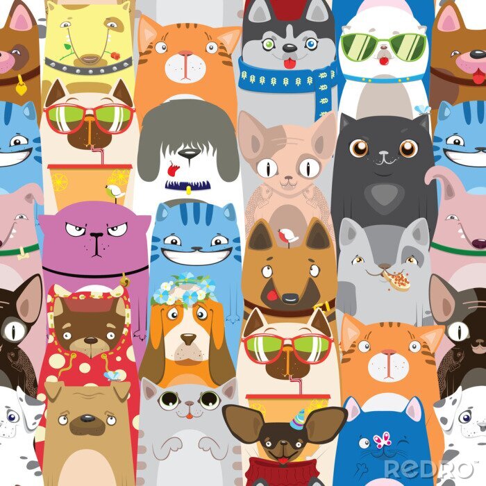 Papier peint à motif  Chiens et chats de dessins animés sur fond coloré
