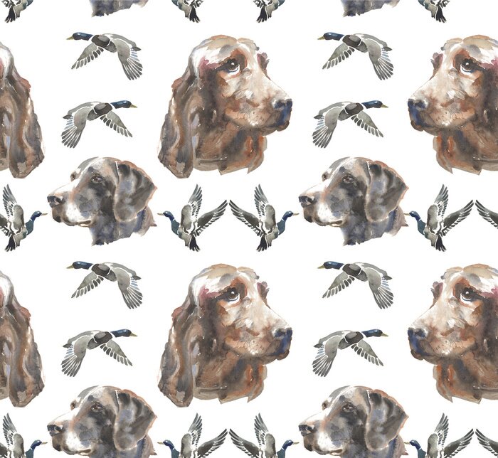 Papier peint à motif  Chiens marron avec des oiseaux
