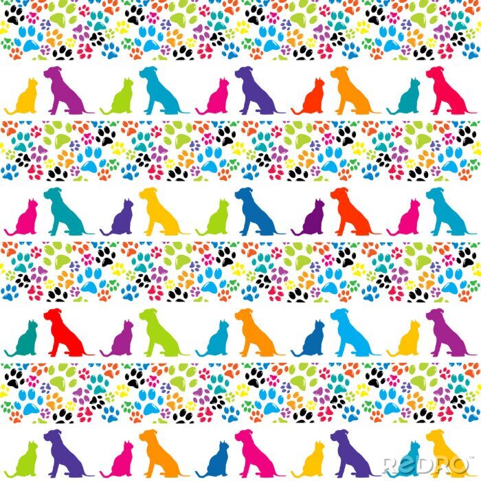 Papier peint à motif  Chiens multicolores et empreintes de pattes