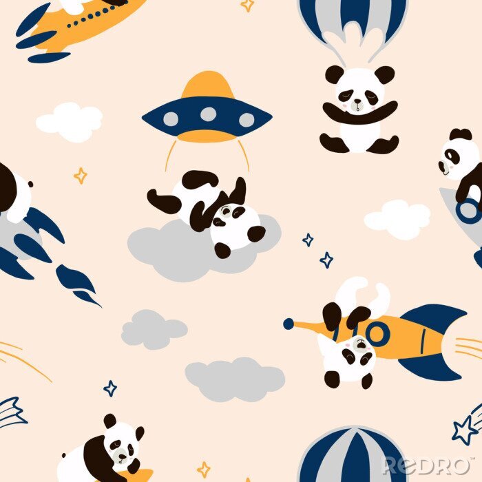 Papier peint à motif  Childish seamless panda pattern with hand drawn space elements space, rocket, star, ufo, parachute. Cute bear flying in sky  nursery , unusual wrapping paper. Scandinavian style decorative print