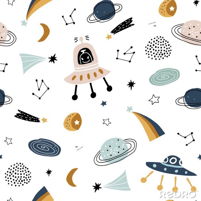 Papier peint à motif  Childish seamless pattern with aliens, ufo in cosmos. Trendy scandinavian vector background. Perfect for kids apparel,fabric, textile, nursery decoration,wrapping paper
