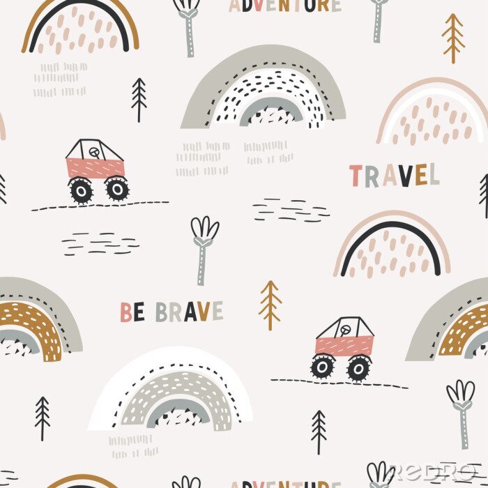 Papier peint à motif  Childish seamless pattern with doodle buggy car and hilly terrain. Background with abstract rainbows. Creative childish texture for fabric, wrapping, textile, wallpaper, apparel. Vector illustration.