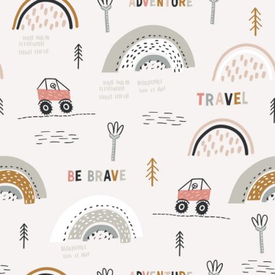 Papier peint à motif  Childish seamless pattern with doodle buggy car and hilly terrain. Background with abstract rainbows. Creative childish texture for fabric, wrapping, textile, wallpaper, apparel. Vector illustration.