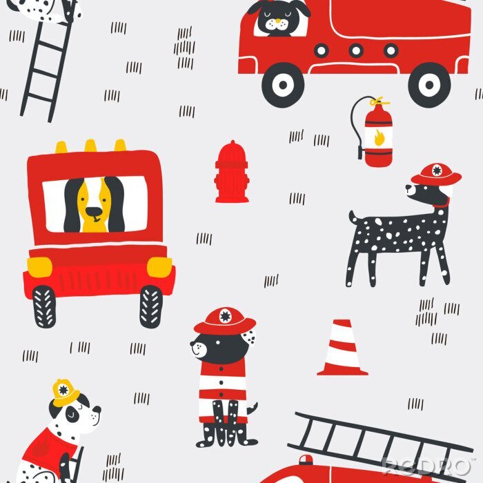 Papier peint à motif  Childish seamless pattern with fire dogs . Trendy scandinavian vector background. Perfect for kids apparel,fabric, textile, nursery decoration,wrapping paper