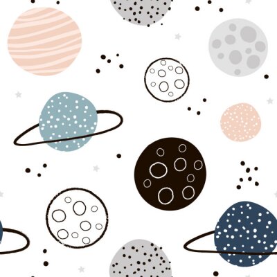 Papier peint à motif  Childish seamless pattern with hand drawn space elements space, planets. Trendy kids vector background.