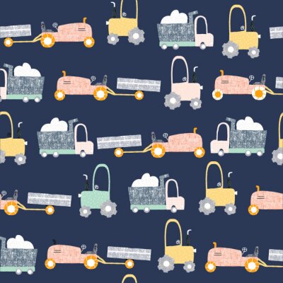 Childish seamless pattern with truck and tractor. Scandinavian kids print. Vector hand drawn illustration.