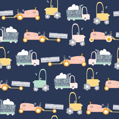 Papier peint à motif  Childish seamless pattern with truck and tractor. Scandinavian kids print. Vector hand drawn illustration.