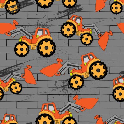 Papier peint à motif  Children's cartoon orange tractor with bucket on gray background. Geometric elements, brick, brush effect. Abstract seamless pattern.
