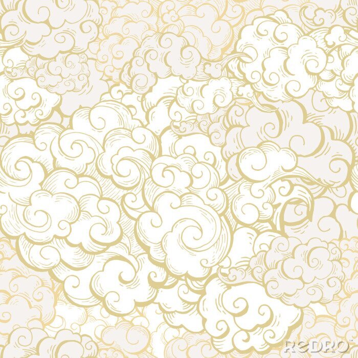 Papier peint à motif  Chinese clouds hand drawn vector seamless pattern. Japanese, oriental style textile ornament. Golden outline swirls, curls background. Asian traditional holidays postcard backdrop, wrapping paper