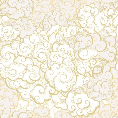 Papier peint à motif  Chinese clouds hand drawn vector seamless pattern. Japanese, oriental style textile ornament. Golden outline swirls, curls background. Asian traditional holidays postcard backdrop, wrapping paper