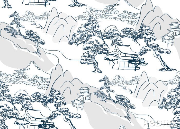 Papier peint à motif  chinese lanscape japanese vector pattern oriental mountais seamless