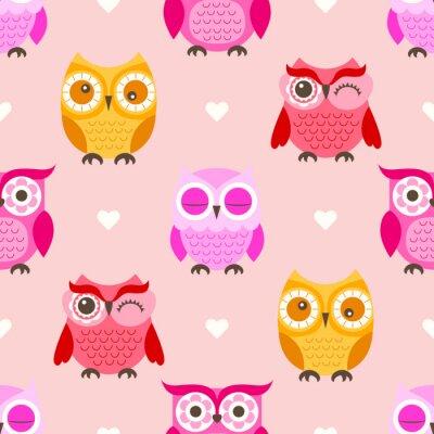 Papier peint à motif  Chouettes girly avec des coeurs