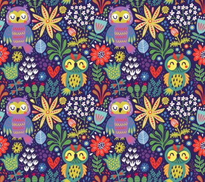 Papier peint à motif  Chouettes girly entourées de fleurs