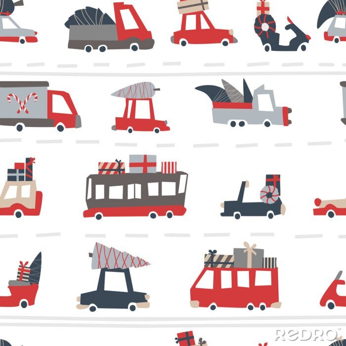 Papier peint à motif  Christmas cars pattern. Childish vector seamless pattern of holiday roads in Scandinavian style. Moboes, buses, trucks with gifts