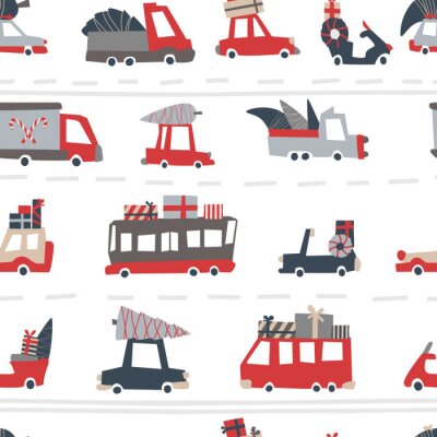 Papier peint à motif  Christmas cars pattern. Childish vector seamless pattern of holiday roads in Scandinavian style. Moboes, buses, trucks with gifts