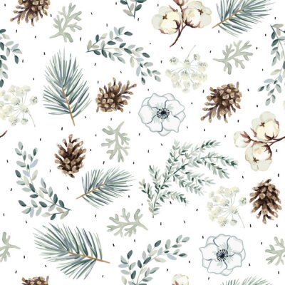 Papier peint à motif  Christmas seamless pattern, cones, flowers, green pine twigs, white background. Vector illustration. Nature design. Season greeting. Winter Xmas holidays
