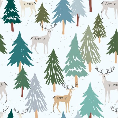 Papier peint à motif  Christmas seamless pattern, white background. Forest deer, green fir, spruce trees. Vector illustration. Nature design. Season greeting digital paper. Winter Xmas holidays. Cute woodland animals