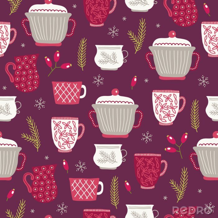Papier peint à motif  Christmas seamless pattern with cups, fir branches, berries, snowflake, barberry