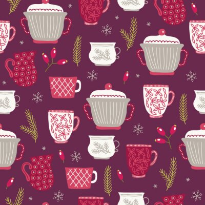 Papier peint à motif  Christmas seamless pattern with cups, fir branches, berries, snowflake, barberry