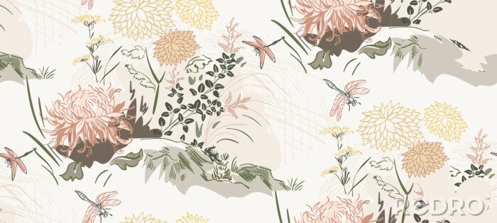 Papier peint à motif  Chrysanthèmes abstraits et libellules