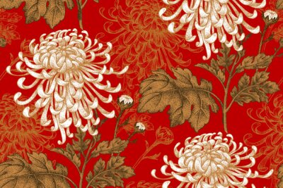 Papier peint à motif  Chrysanthèmes beiges vintage sur fond rouge