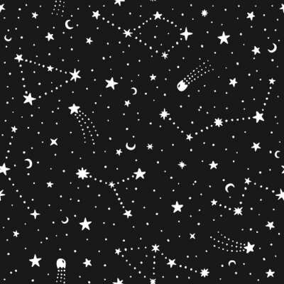 Ciel de nuit dessiné main Vector modèle sans couture de doodle avec étoiles de l'espace, des planètes, des comètes.