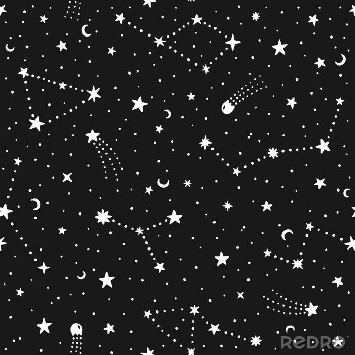 Papier peint à motif  Ciel de nuit dessiné main Vector modèle sans couture de doodle avec étoiles de l'espace, des planètes, des comètes.