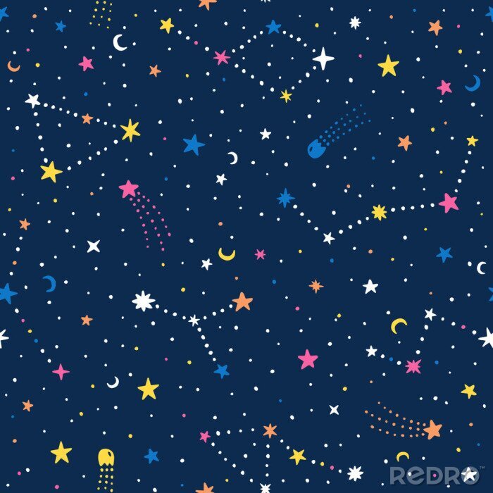 Papier peint à motif  Ciel de nuit dessiné main Vector modèle sans couture de doodle avec étoiles de l'espace, des planètes, des comètes.