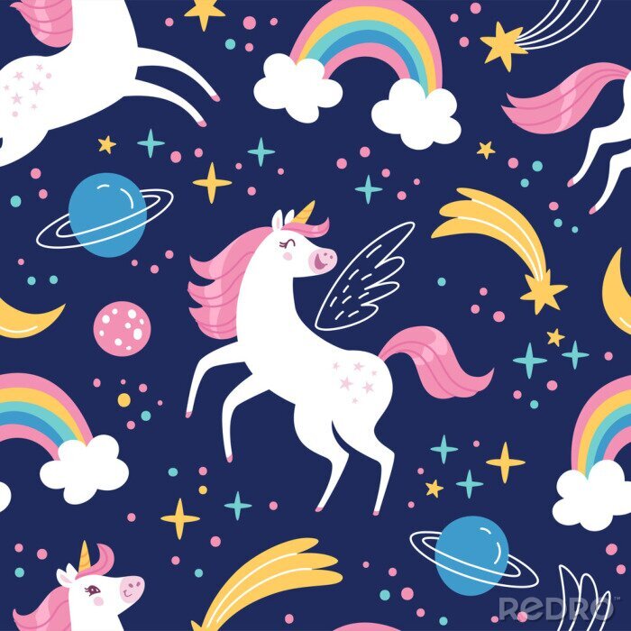 Papier peint à motif  Ciel nocturne avec des licornes et des arcs-en-ciel