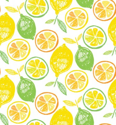 Papier peint à motif  Citrons et citrons verts entiers et tranchés