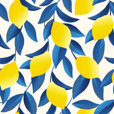 Papier peint à motif  Citrons et feuilles bleues sur fond clair