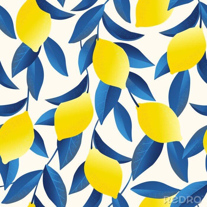 Papier peint à motif  Citrons et feuilles bleues sur fond clair