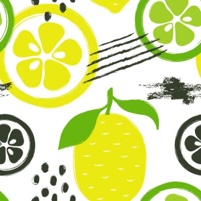 Papier peint à motif  Citrons et limes graphiques sur fond blanc