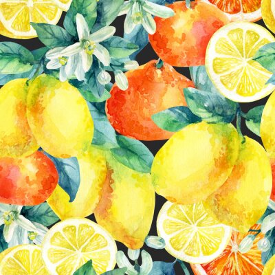 Papier peint à motif  Citrons et oranges peints à l'aquarelle