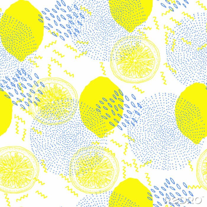 Papier peint à motif  Citrons jaunes et motif à pois bleus