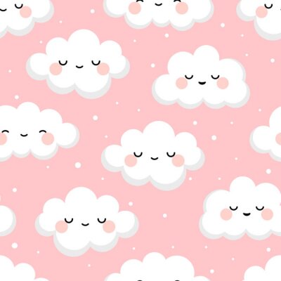 Papier peint à motif  Cloud cute smiling face seamless pattern background with star glow, green repeating vector illustration