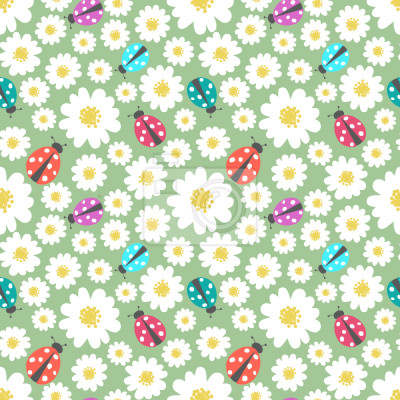 Papier peint à motif  Coccinelles Fleurs d'amour