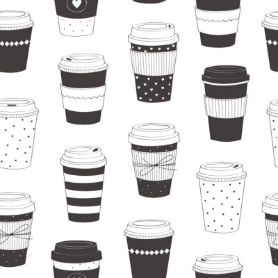 Papier peint à motif  Coffee cup pattern. Vector seamless pattern with various disposable cups of coffee to go. Hand drawn doodle background