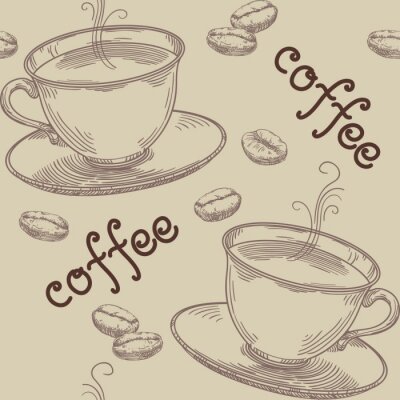 Papier peint à motif  Coffee pattern. Vector seamless  pattern with coffee beans and caps at hand drawning style