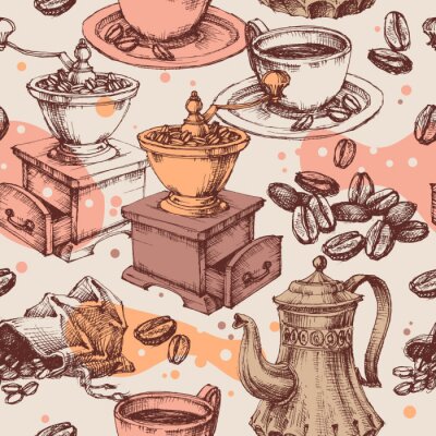 Papier peint à motif  Coffee seamless pattern, coffee mill, kettle and other vintage coffee making items