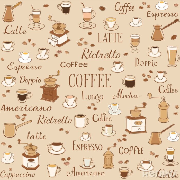 Papier peint à motif  Coffee seamless pattern. Drawings of cups, coffee grinders and inscriptions. The inscription latte, espresso, ristretto and americano. Decoration for wrappers, menus, wallpapers and kitchen