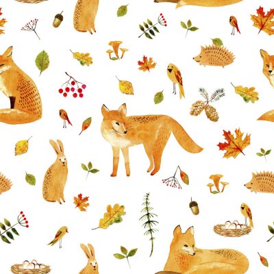 Papier peint à motif  Collage d'automne avec des renards, des oiseaux, des hérissons et des plantes